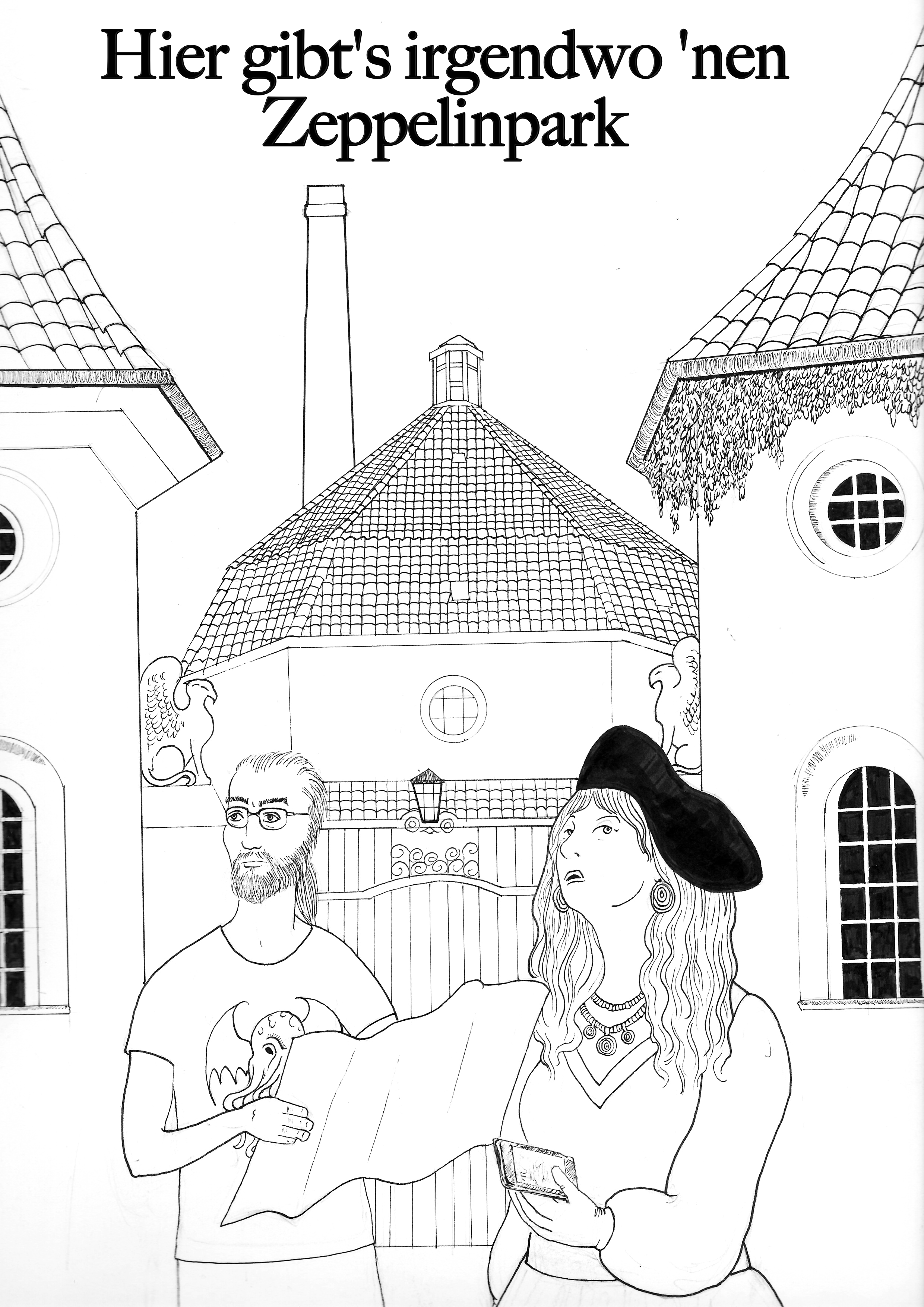 Line art of two fannish-looking people in front of some old buildings, holding a map and looking up a bit lost.